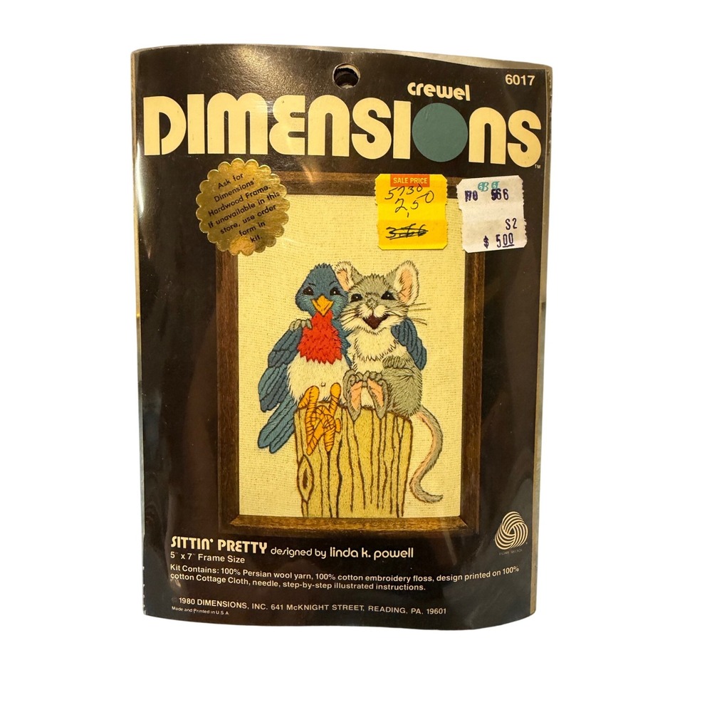 Vintage 1980 Dimensions Crewel Kit Sittin Pretty Linda K Powell Bird Mouse 6017